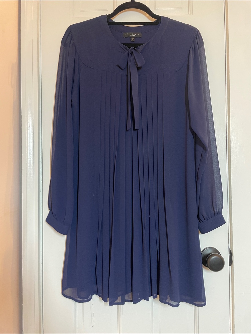 Sanctuary, Pleated Tie-Neck Long Sleeve Dress, Navy, Small